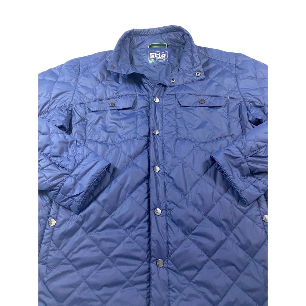 Stio Mens Skyridge Quilted Shirt Jacket Navy Blue Large Diamond Quilt Shacket